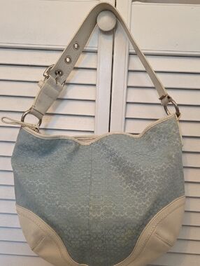 Vintage Coach Pale Blue and Cream Signature Hobo Shoulder Bag